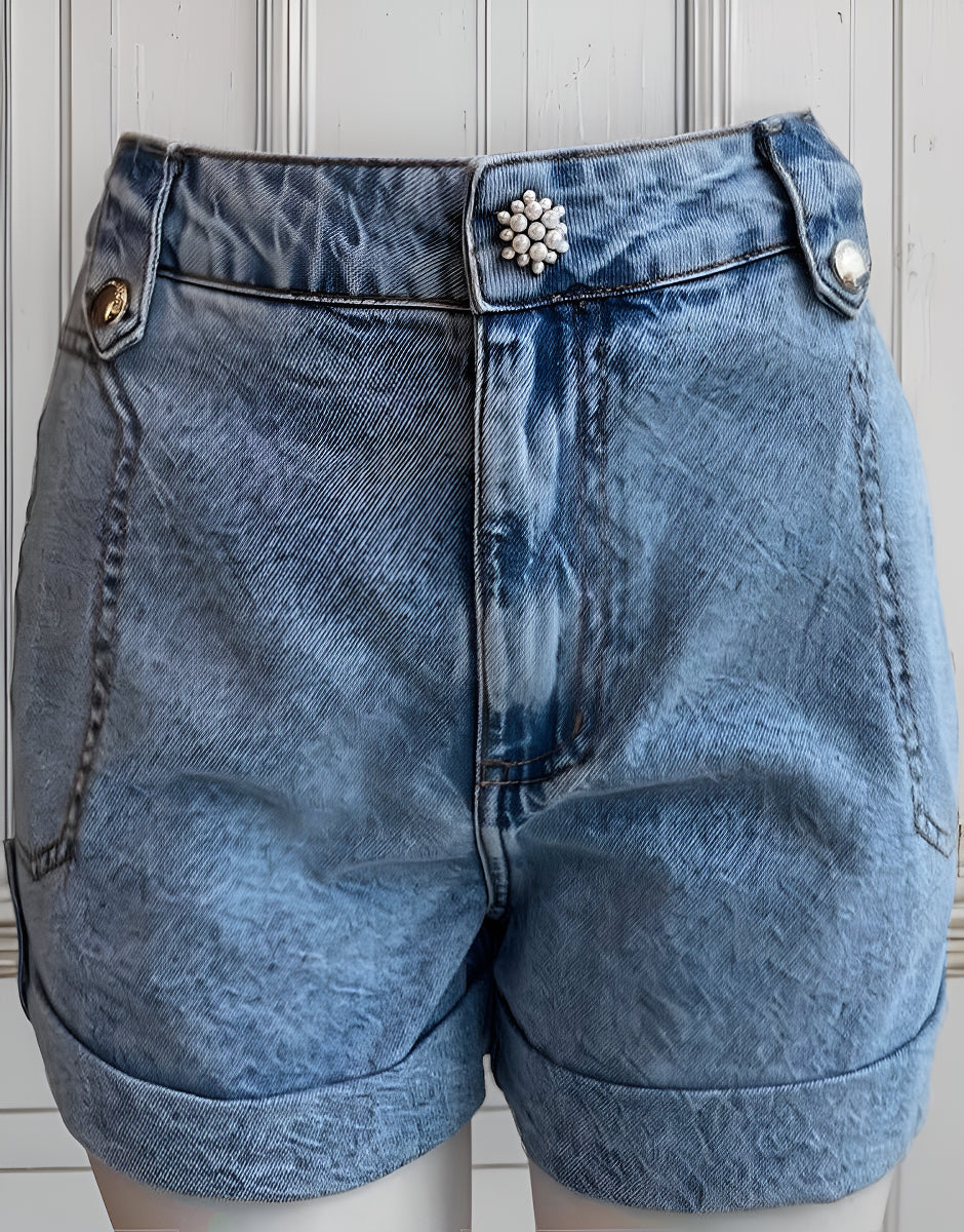 Short Morena Rosa Jeans Botão Pérolas