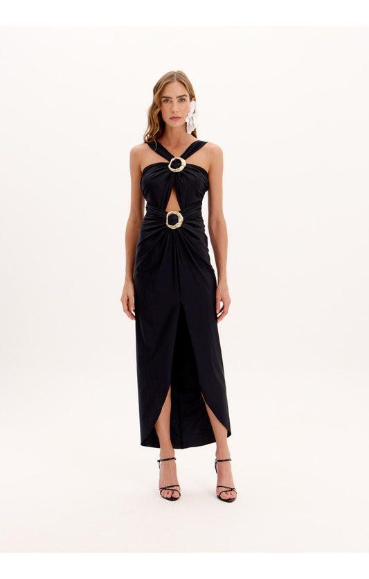 Lança Perfume Vestido Longo Midi Preto Com Fivelas Douradas
