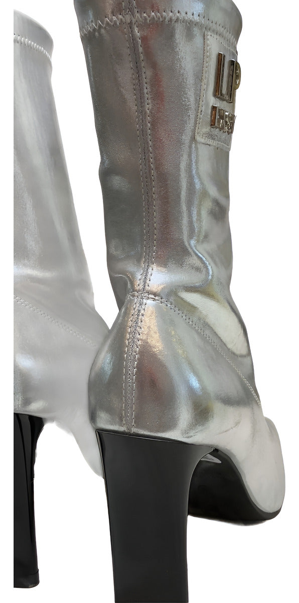 Bota Em Tecido Prateada Salto Alto Lança Perfume