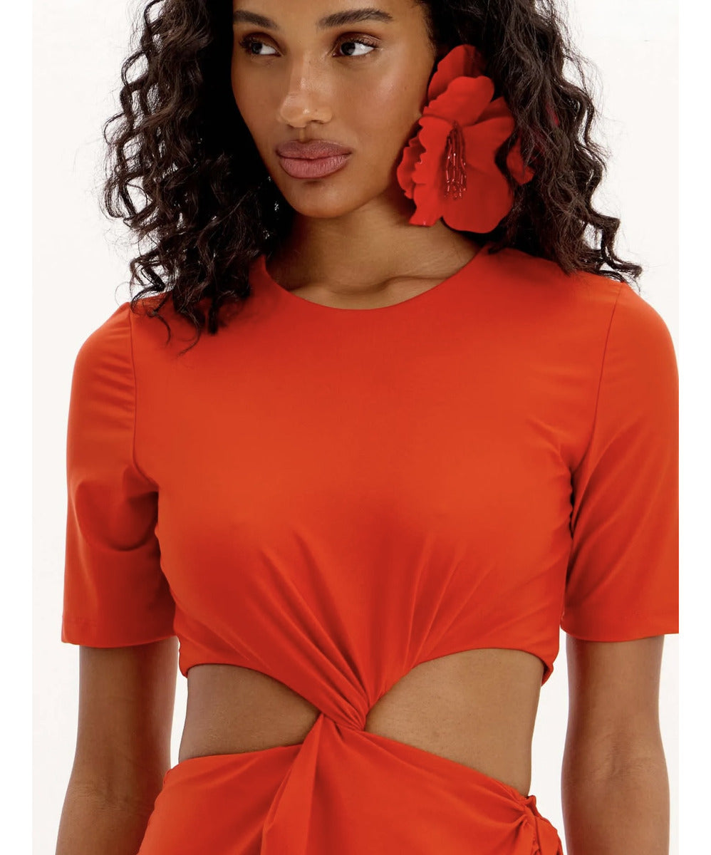 Vestido Longo De Mangas Curtas Com Torção Lança Perfume