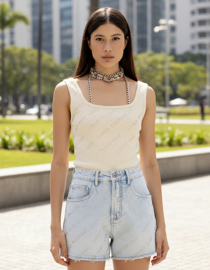 Blusa Regata Com Aplicações Frontais C Brilho Lança Perfume