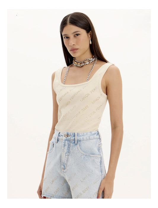 Blusa Regata Com Aplicações Frontais C Brilho Lança Perfume