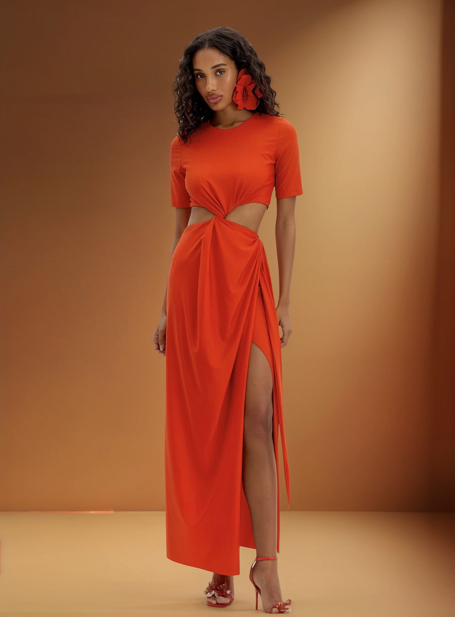 Vestido Longo De Mangas Curtas Com Torção Lança Perfume